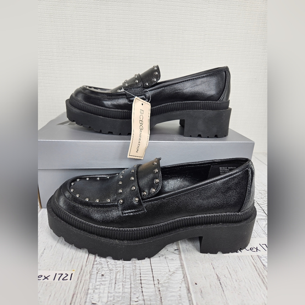 New BCBGeneration Women's Marley Loafer Black Sz 8M, 8.5M Studded Platform Shoes